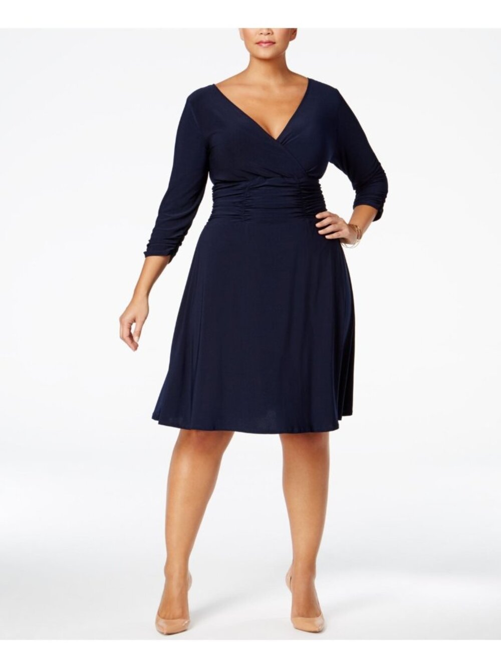 NY COLLECTION Womens Navy Blue Ruched 3/4 Sleeve V Neck Dress Plus Size 3X $70